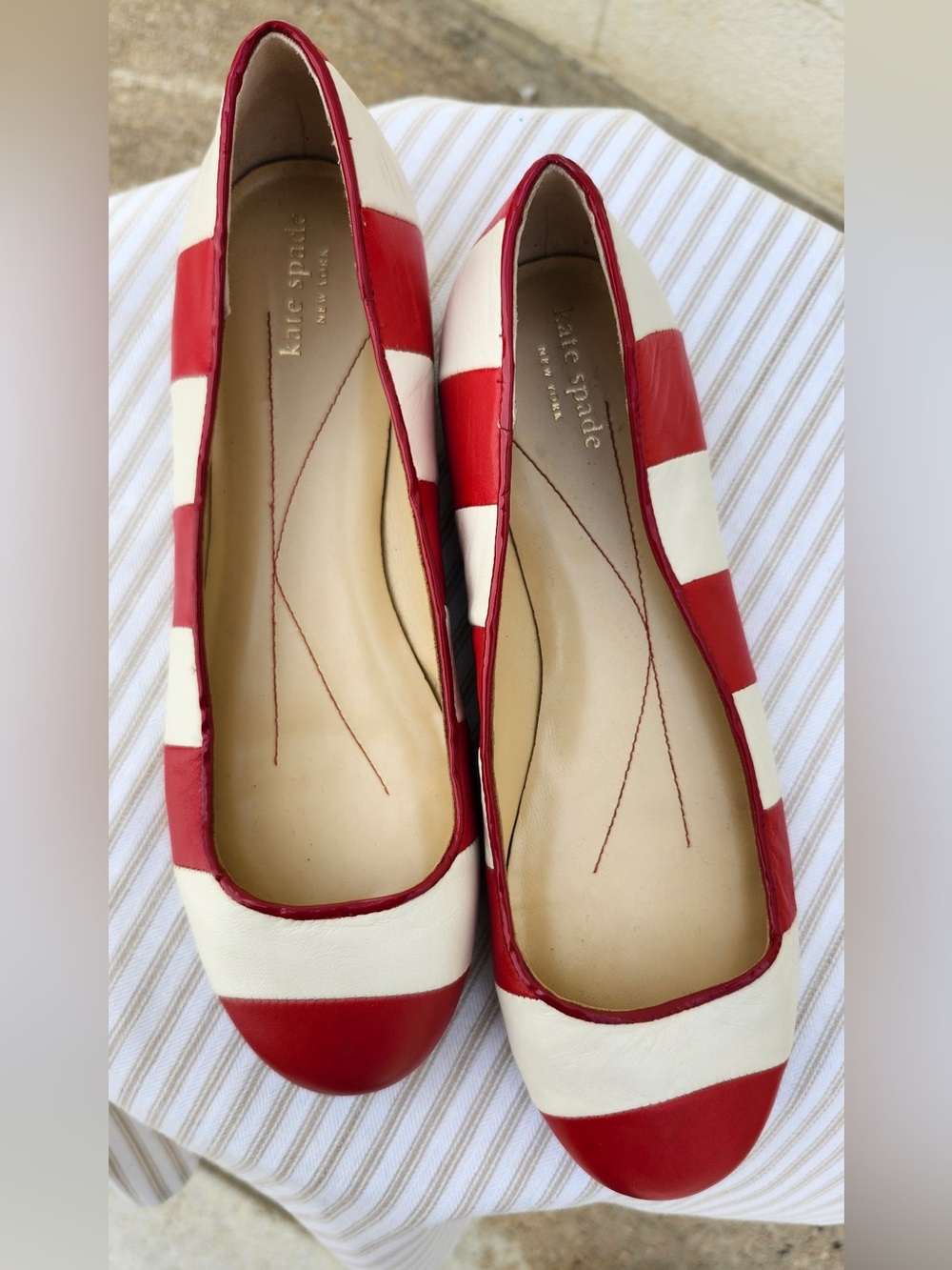 Kate Spade New York Red & White Nautical Stripe Leather Ballet Flats 7.5M